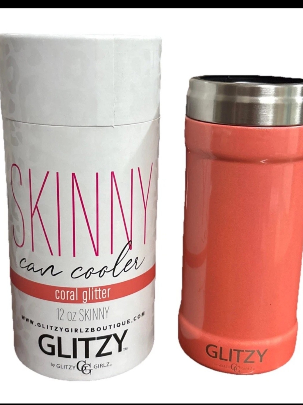 Glitz Coral Glitter Slim Can Cooler with Stainless Rim In Coral Glitter